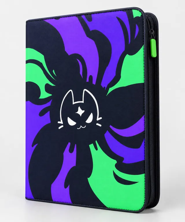 Ejemplo de binder con cremallera, estampado violeta, verde y negro y un gato blanco en la portada